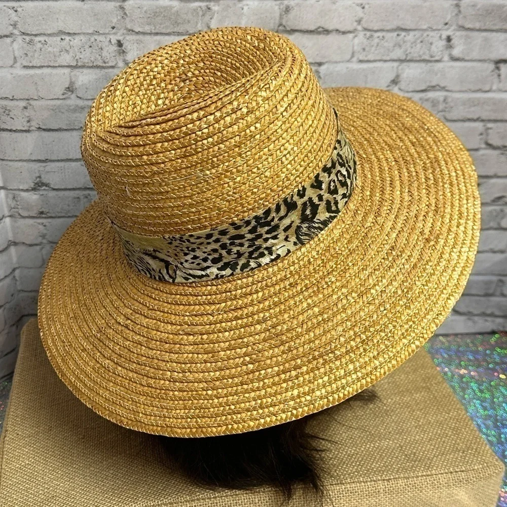 Womens Tan Straw Sun Hat Animal Print Accent Band Pearl Stick Pin Wide Brim Hat